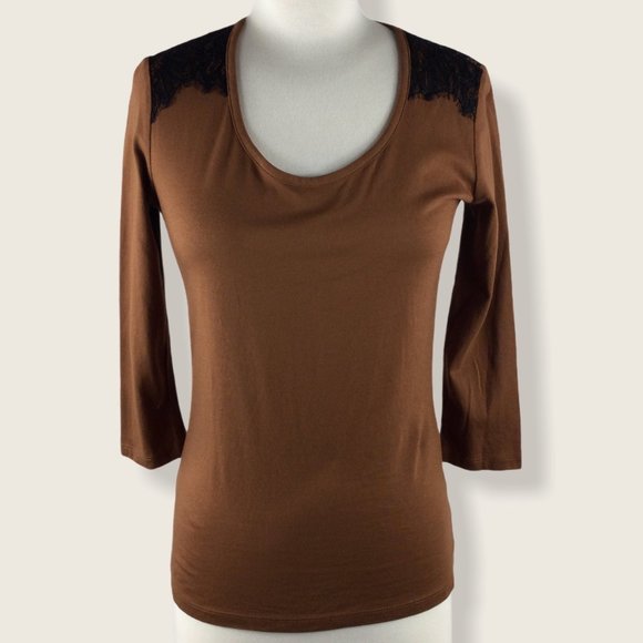 Talbots Tops - Talbots Brown Tee w/Black Lace,  3/4 Sleeves, P